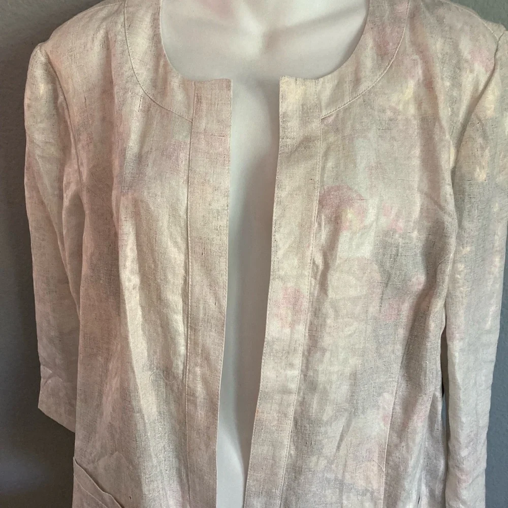 Chico’s Linen Open Front Blazer Size L hints green pink 3/4 sleeve Minimalist